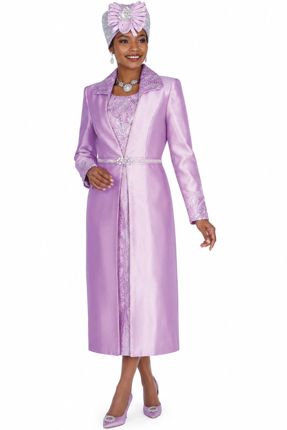 Elegant Lilac Lace Brocade Dress Duster Set with Dazzling Rhinestone Clasp 6358 - Especially Yours