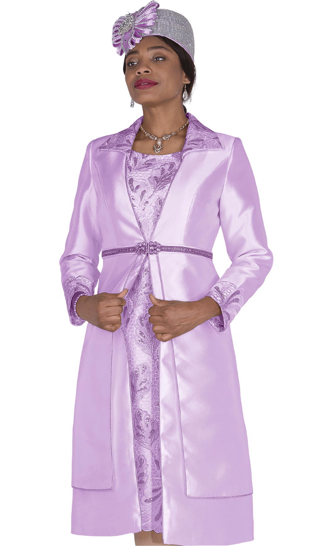 Elegant Lilac Lace Brocade Dress Duster Set with Dazzling Rhinestone Clasp - Especially Yours