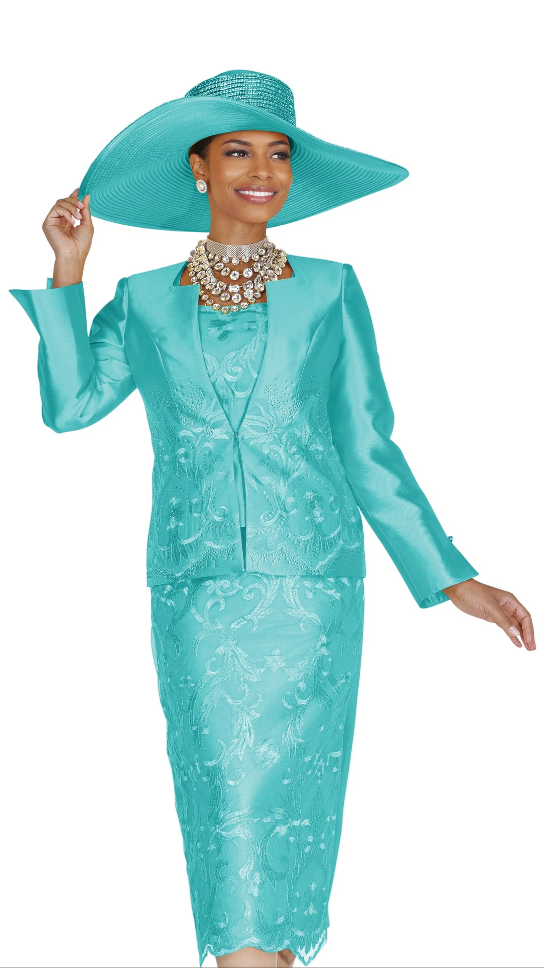 Turquoise Lace Panel Skirt Suit – Champagne Italy