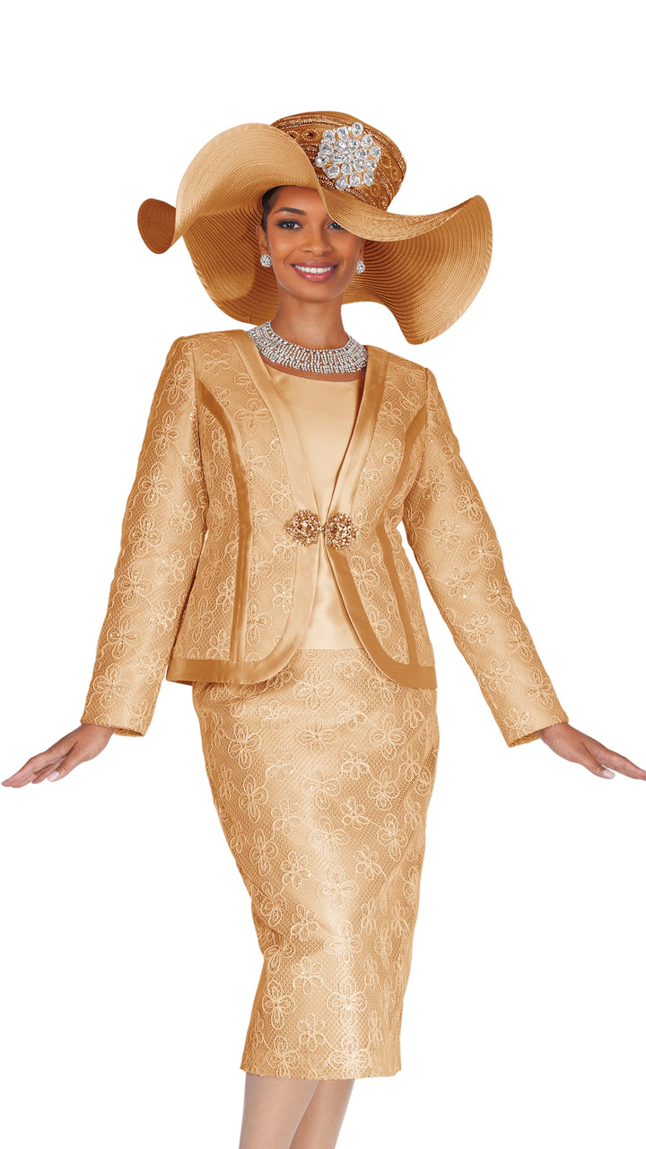 Brocade Jacket Skirt Suit in Champagne Gold with jeweled clip closure by Champagne Italy, styled with matching wide-brim hat