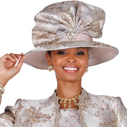 Elegant Champagne Brocade Church Hat with Beaded Floral Accent - Especially Yours