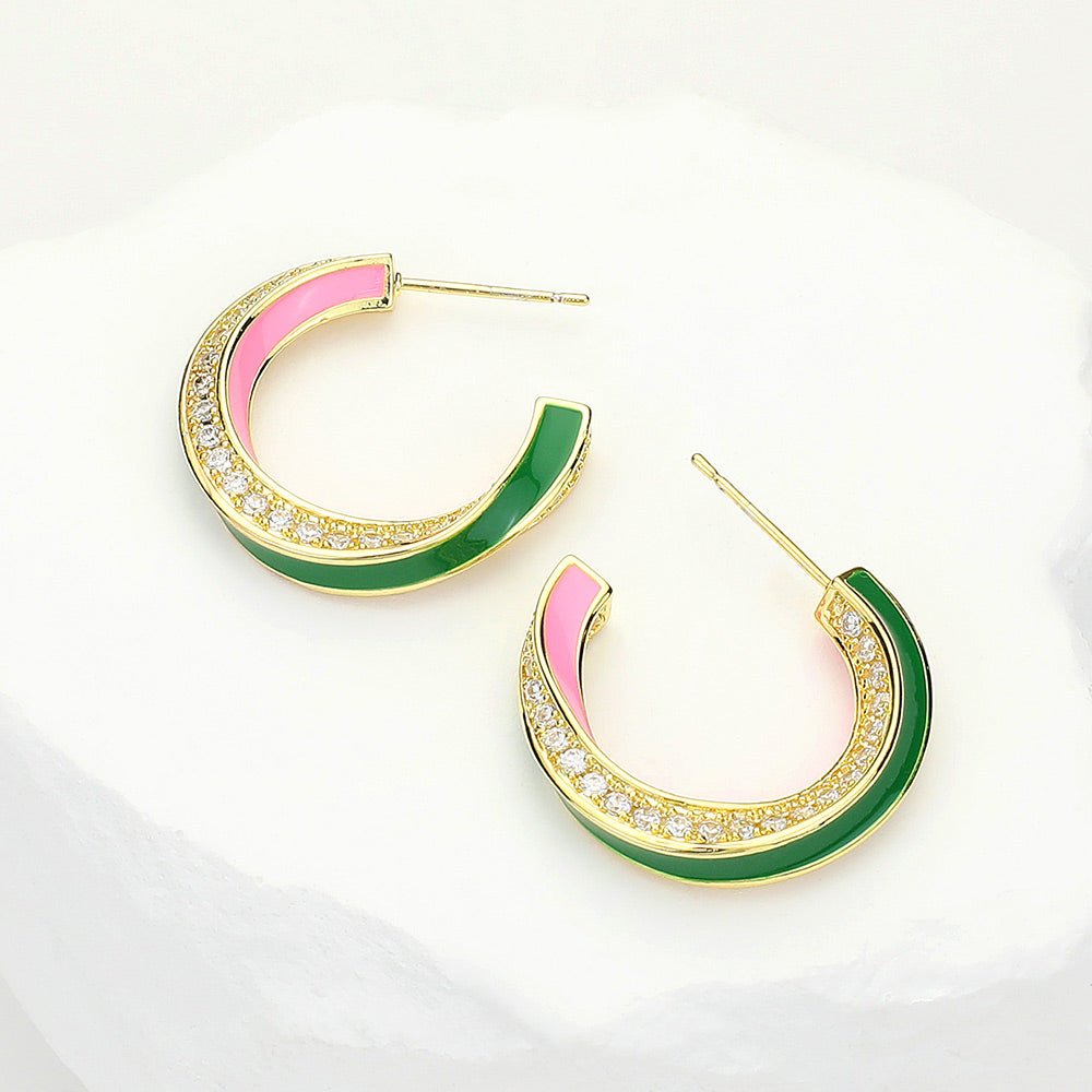 14K Gold Dipped Enamel Curved CZ Stone Paved Hoop Earrings - Especially Yours