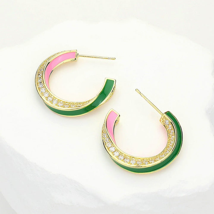 14K Gold Dipped Enamel Curved CZ Stone Paved Hoop Earrings - Especially Yours