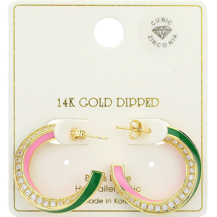 14K Gold Dipped Enamel Curved CZ Stone Paved Hoop Earrings - Especially Yours