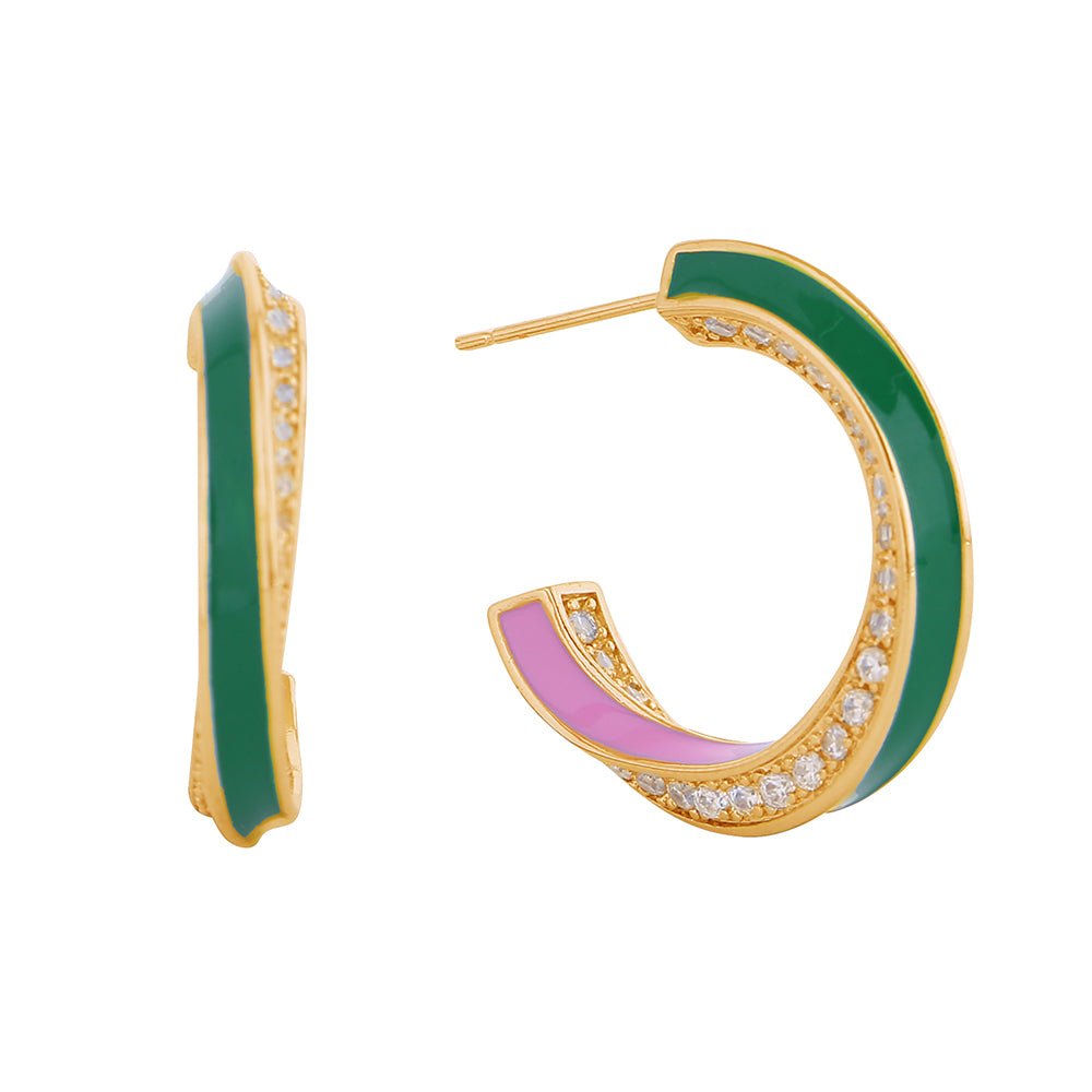 14K Gold Dipped Enamel Curved CZ Stone Paved Hoop Earrings - Especially Yours