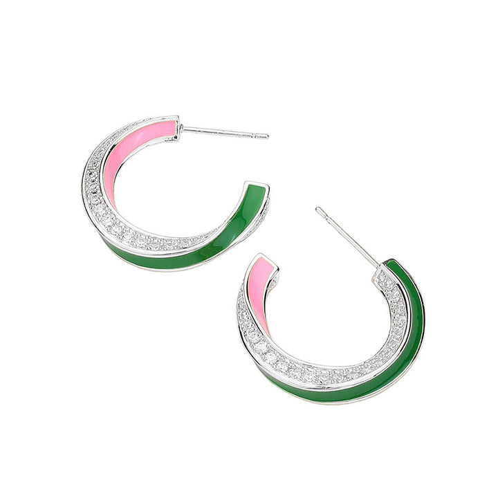 14K Gold Dipped Enamel Curved CZ Stone Paved Hoop Earrings - Especially Yours
