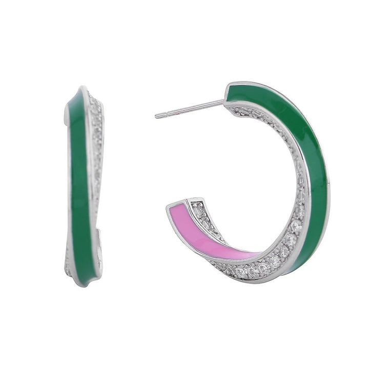 14K Gold Dipped Enamel Curved CZ Stone Paved Hoop Earrings - Especially Yours