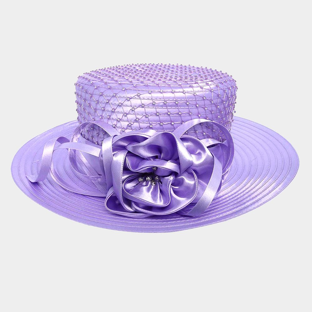 Stone Embellished Flower Bow Accented Dressy Hat - Especially Yours