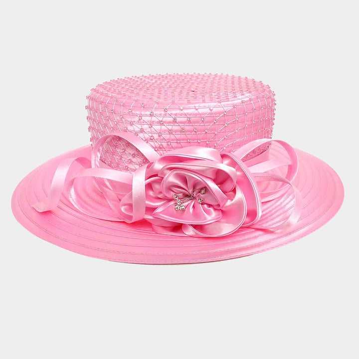 Stone Embellished Flower Bow Accented Dressy Hat - Especially Yours