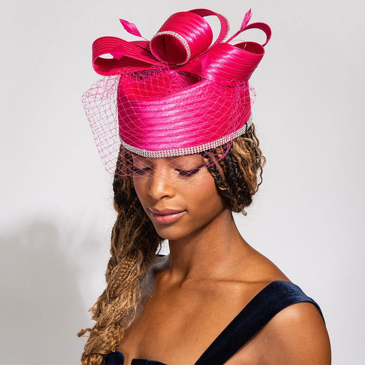 Rhinestone Rim Bow Top Feather Accented Mesh Dressy Hat - Especially Yours