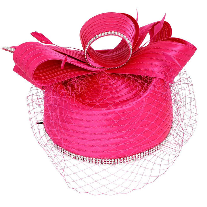 Rhinestone Rim Bow Top Feather Accented Mesh Dressy Hat - Especially Yours