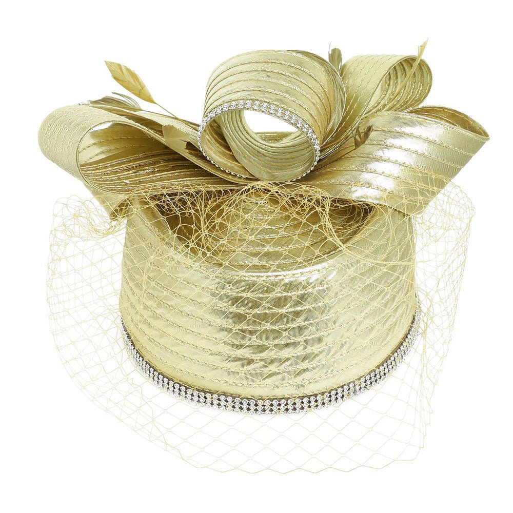 Rhinestone Rim Bow Top Feather Accented Mesh Dressy Hat Gold