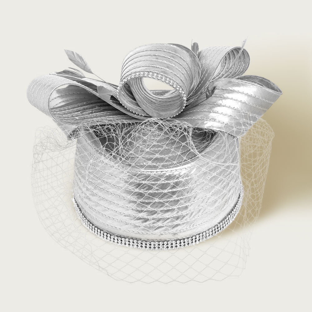Rhinestone Rim Bow Top Feather Accented Mesh Dressy Hat - Especially Yours