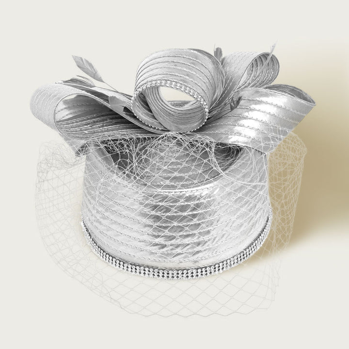 Rhinestone Rim Bow Top Feather Accented Mesh Dressy Hat - Especially Yours