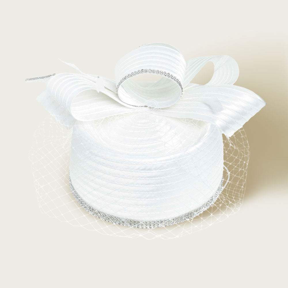 Rhinestone Rim Bow Top Feather Accented Mesh Dressy Hat - Especially Yours