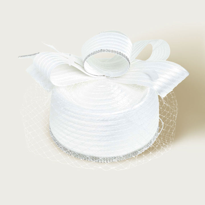 Rhinestone Rim Bow Top Feather Accented Mesh Dressy Hat - Especially Yours