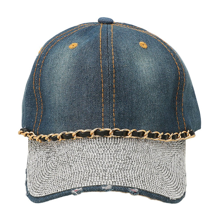Chain Detail Bling Studded Brim Denim Vintage Baseball Cap - Especially Yours