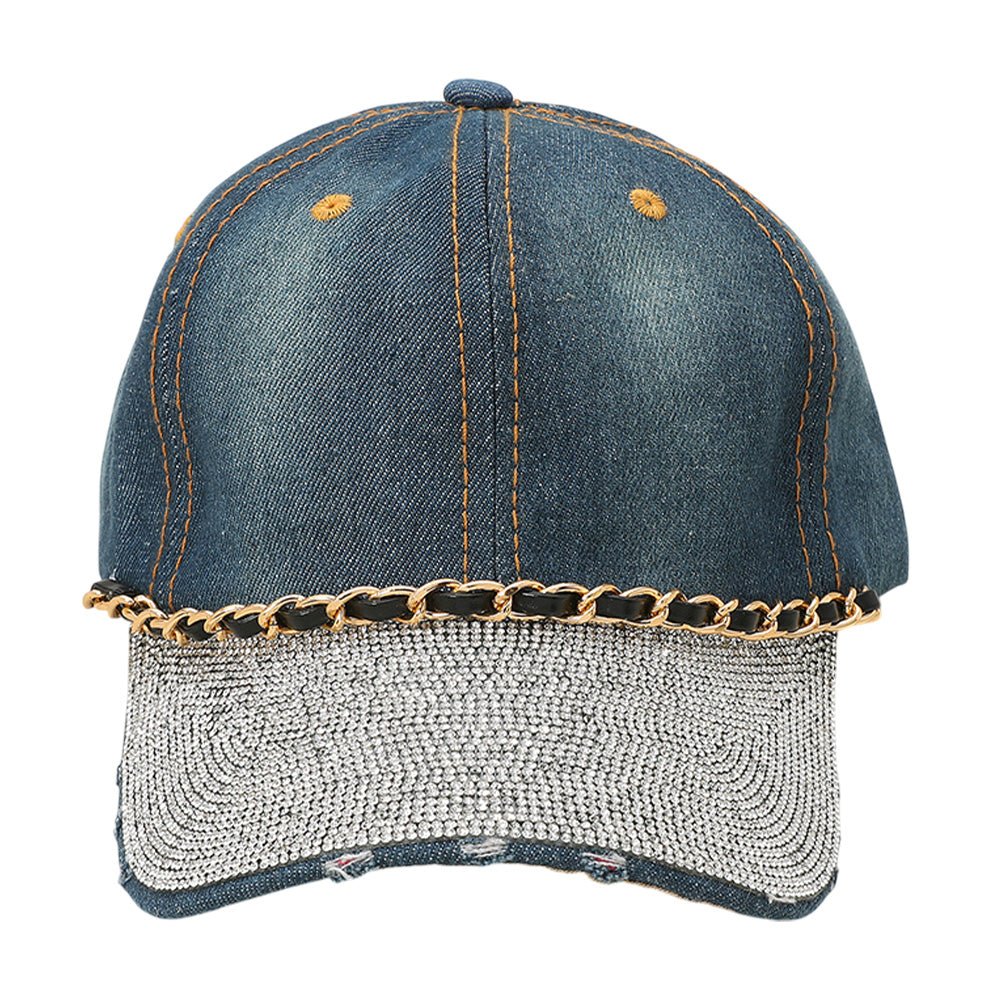 Chain Detail Bling Studded Brim Denim Vintage Baseball Cap - Especially Yours