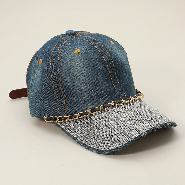 Chain Detail Bling Studded Brim Denim Vintage Baseball Cap - Especially Yours