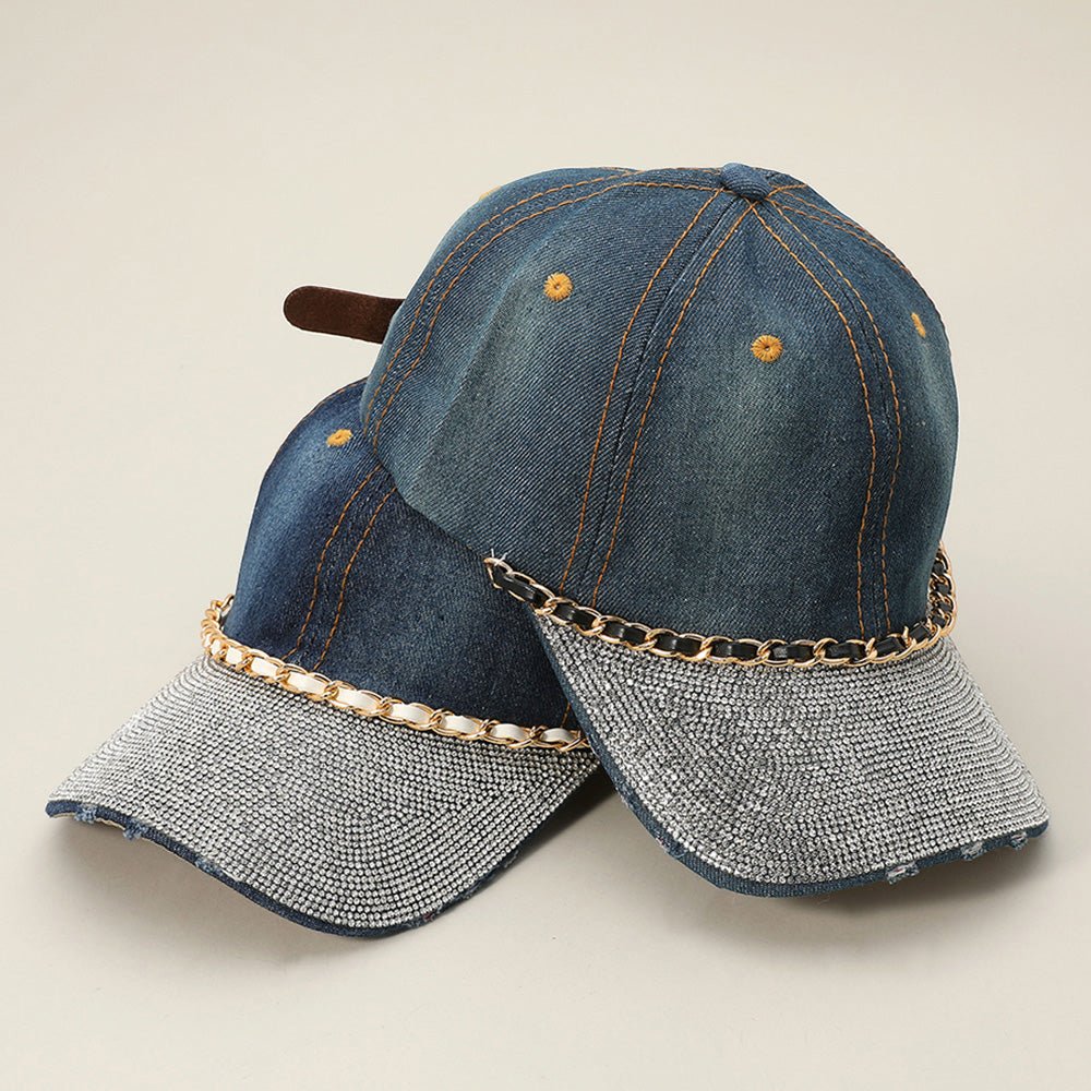 Chain Detail Bling Studded Brim Denim Vintage Baseball Cap - Especially Yours