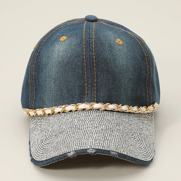 Chain Detail Bling Studded Brim Denim Vintage Baseball Cap - Especially Yours