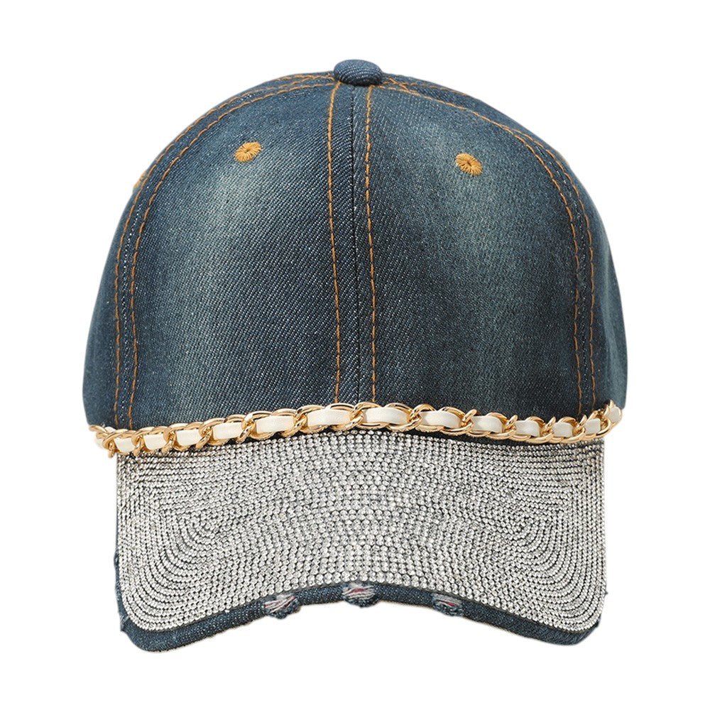 Chain Detail Bling Studded Brim Denim Vintage Baseball Cap - Especially Yours