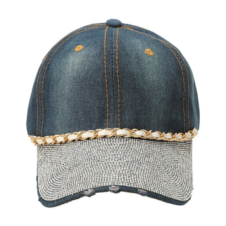 Chain Detail Bling Studded Brim Denim Vintage Baseball Cap - Especially Yours
