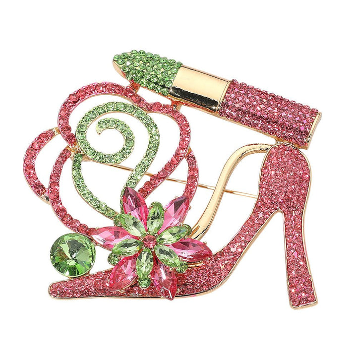 Rhinestone Embellished Flower Accent Glam High Heel Lipstick Pin Brooch - Especially Yours