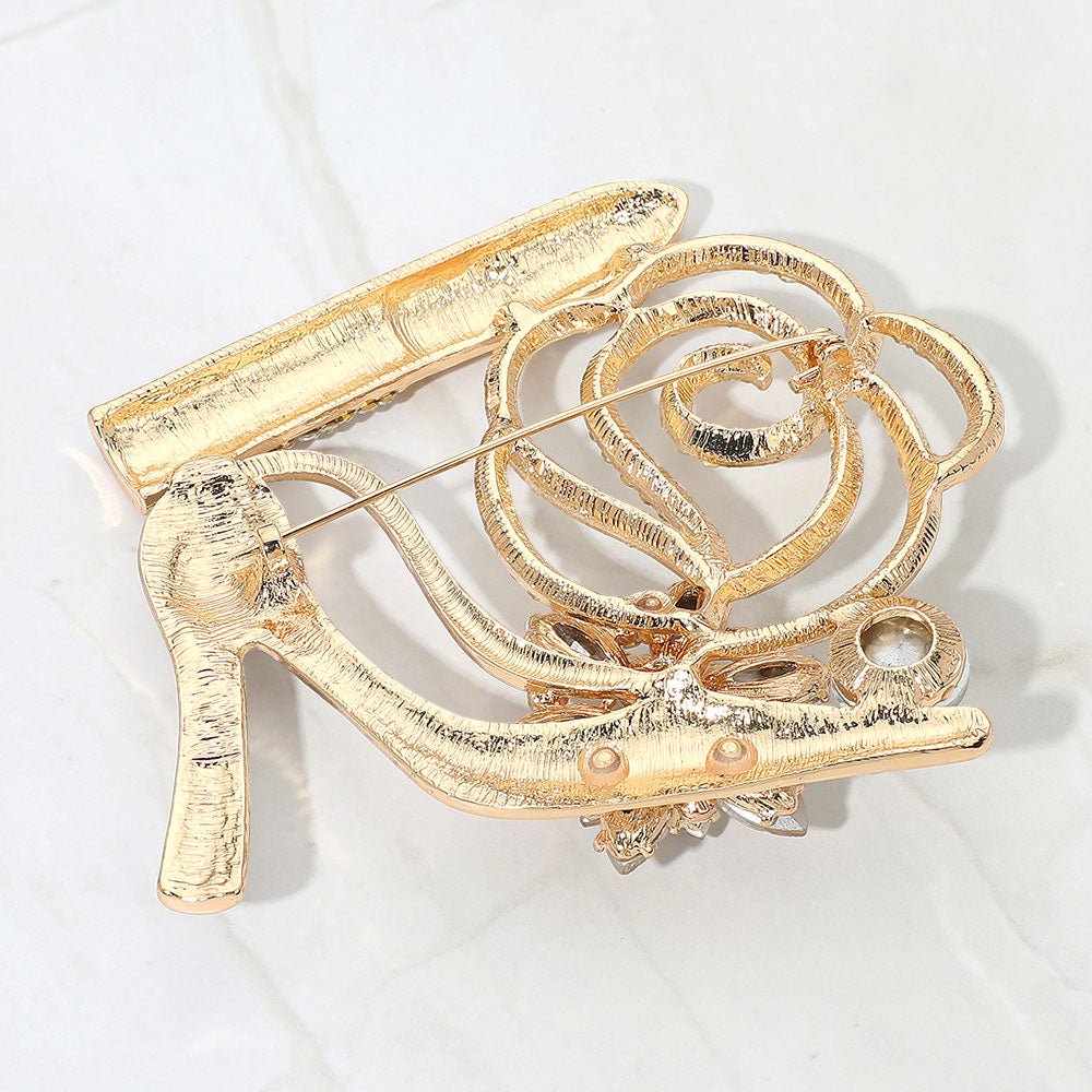 Rhinestone Embellished Flower Accent Glam High Heel Lipstick Pin Brooch - Especially Yours