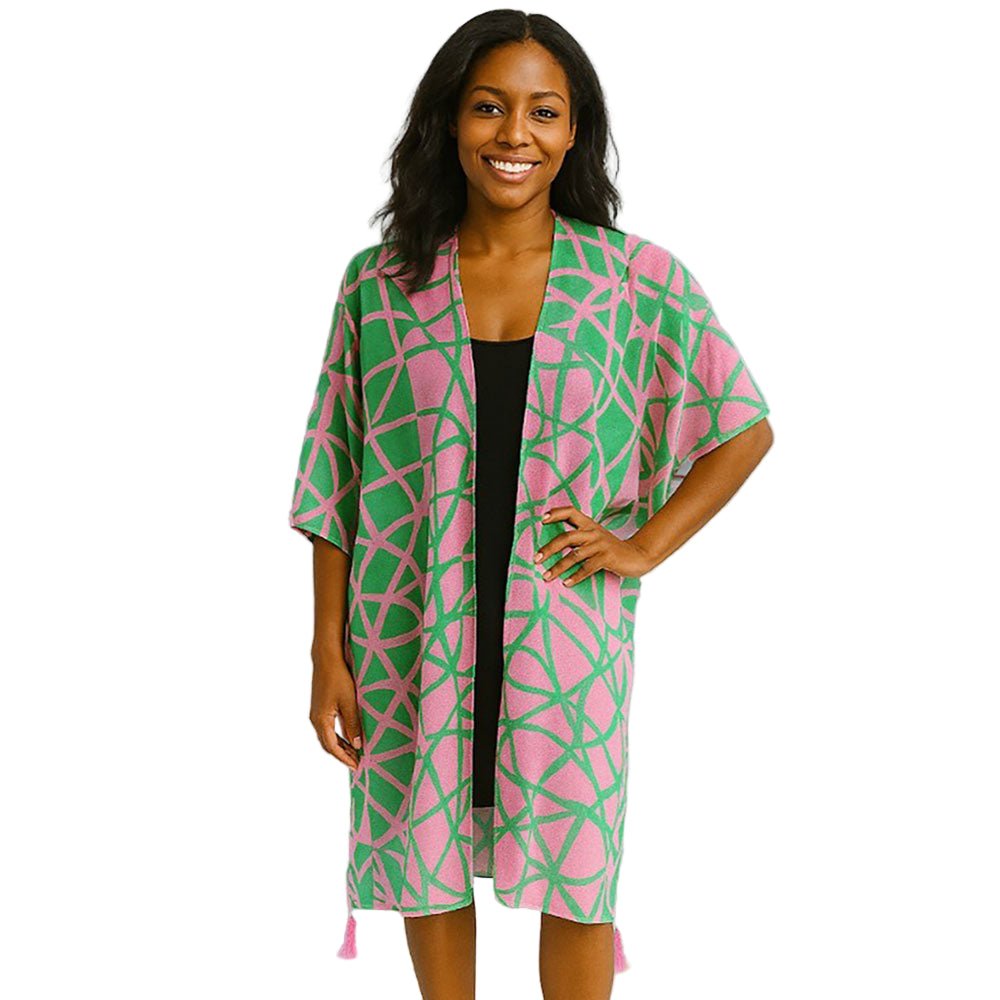 Bold Geometric Pattern Tassel Detail Open Front Kimono Poncho