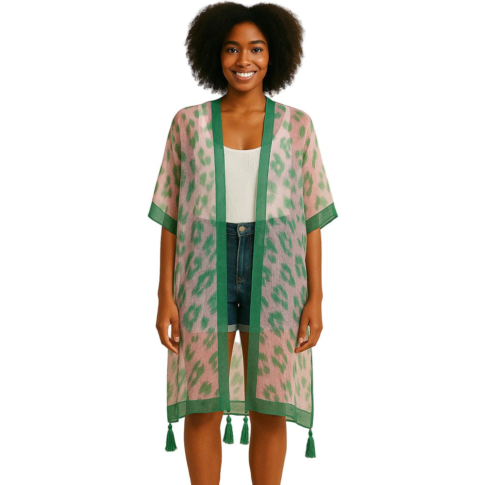 Sheer Leopard Print Tassel Detail Open Front Long Kimono Poncho - Especially Yours