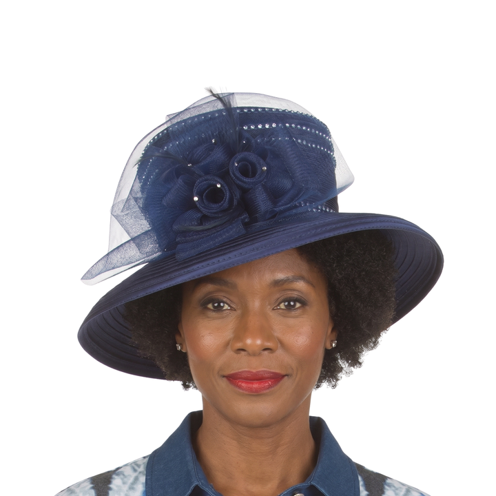 Medium Brim Satin Ribbon Hat w/ Mesh Flower