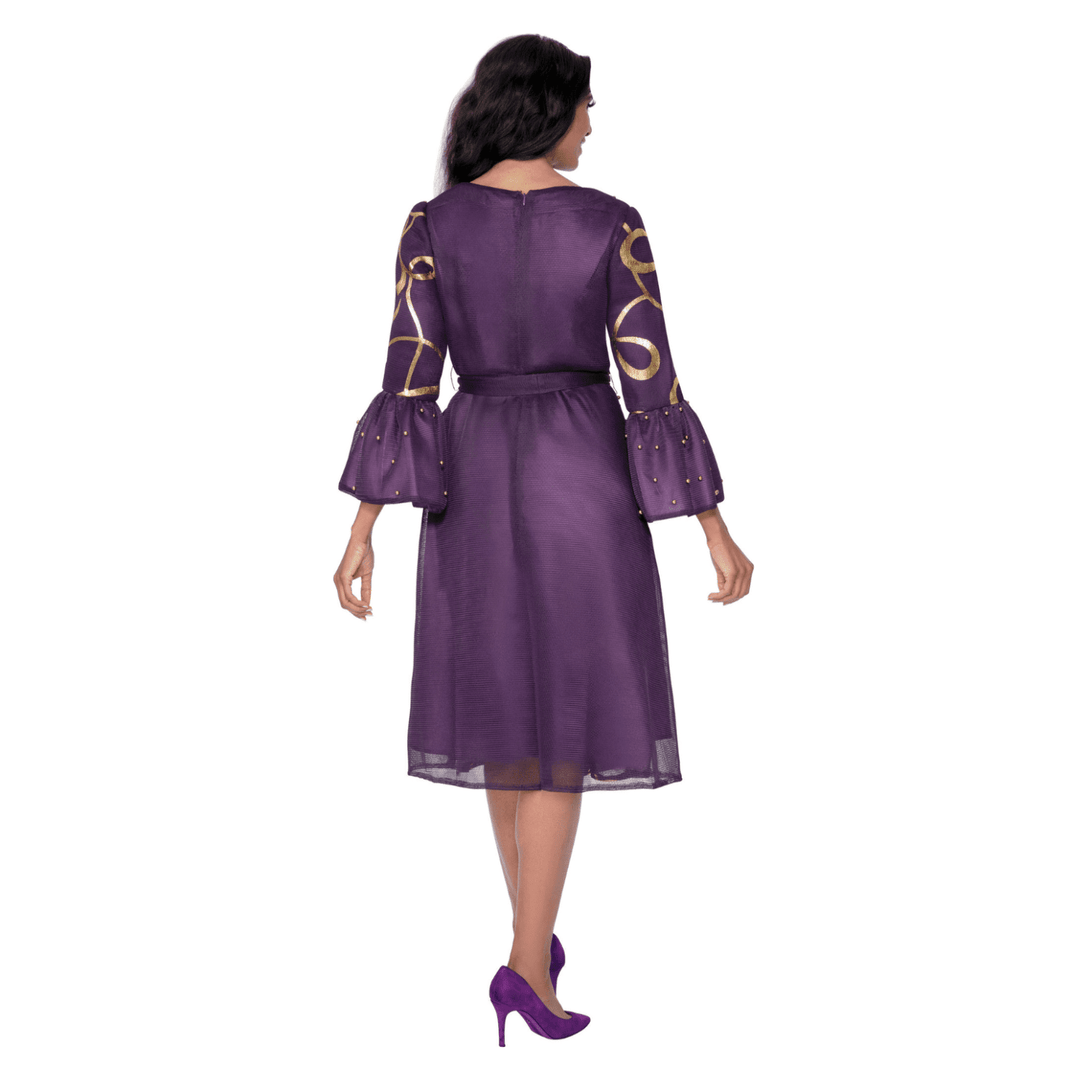 Gold Swirl Midi Dress with Mesh Overlay, Gold Beads and Sash Belt DN100541 - Especially Yours Purple / 10 Gold Swirl Midi Dress with Mesh Overlay, Gold Beads and Sash Belt DN100541 - Especially Yours Purple / 10