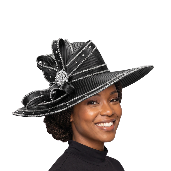 Wide Brim Rhinestoned Ribbon Hat