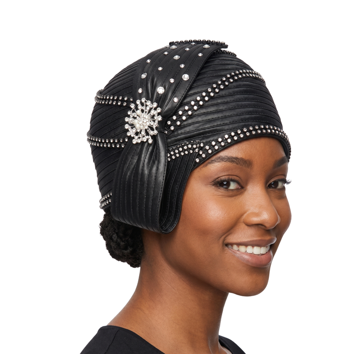 Round Ribbon Hat w/ Brooch and Rhinestoned Strip