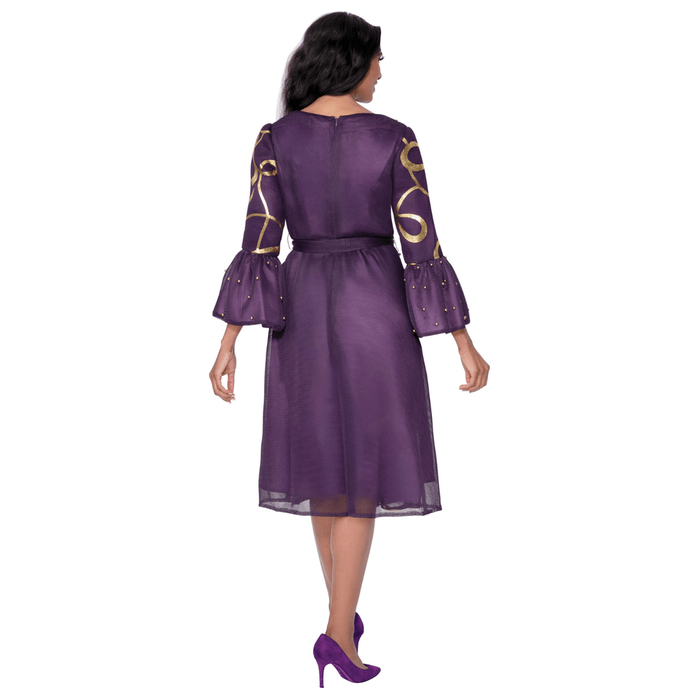 Gold Swirl Midi Dress with Mesh Overlay, Gold Beads and Sash Belt DN100541 - Especially Yours