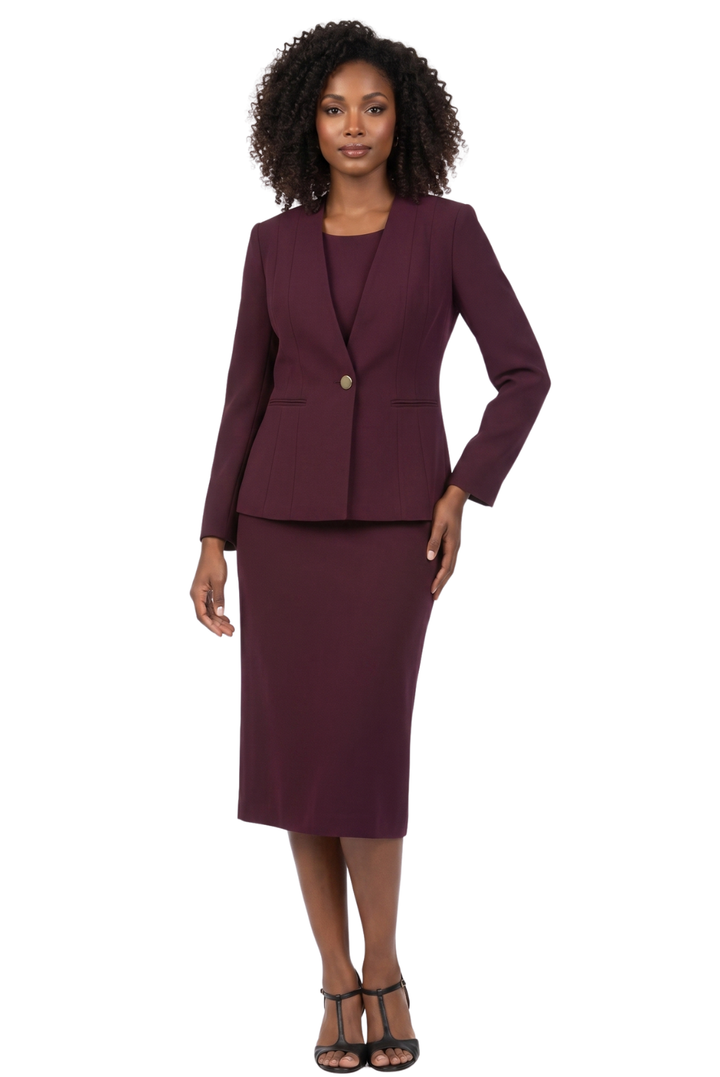 3pc Collarless Clean Lines Detailed Skirt Suit - Plus Size
