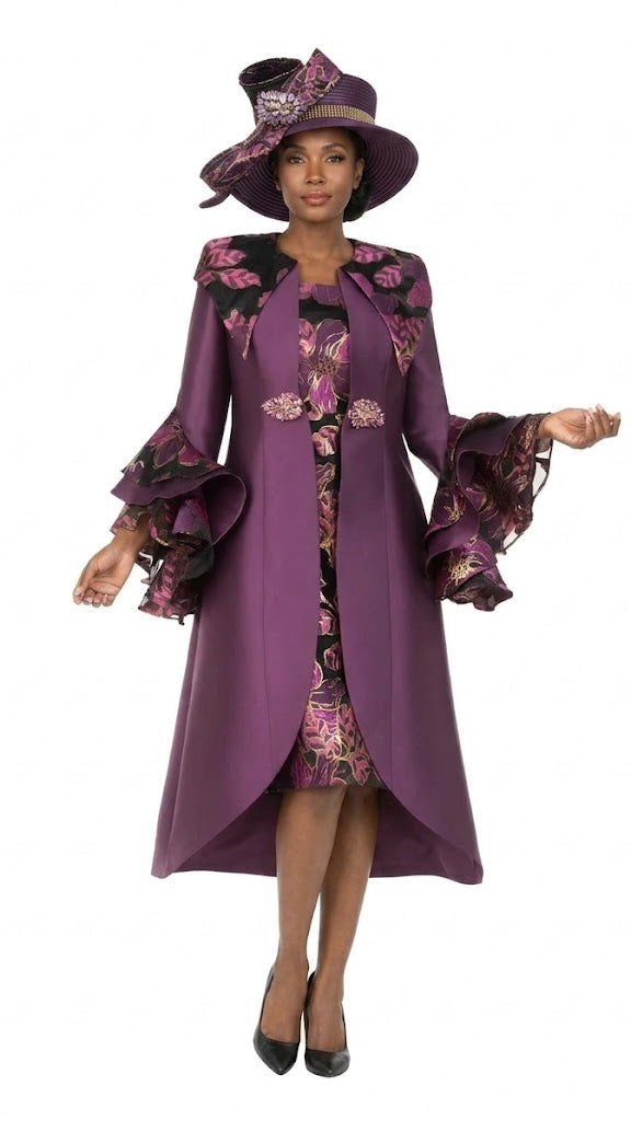 Floral Brocade Dress&Silky Twill Ruffle Coat Set