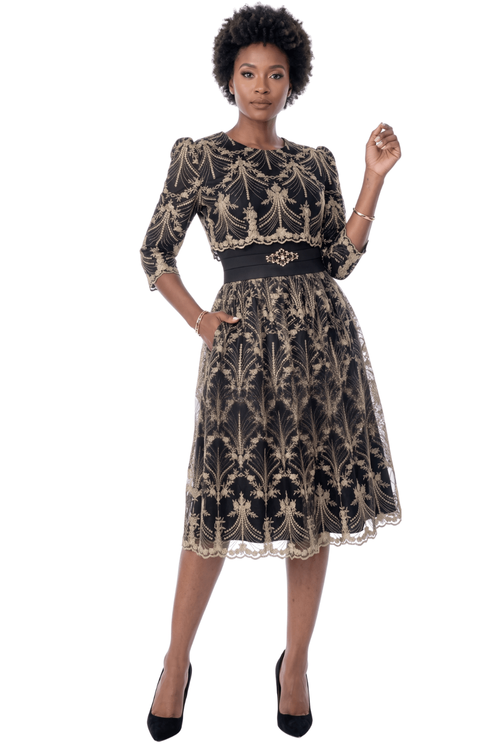 Black and Gold Lace Embroidered Midi Dress by Terramina - Especially Yours