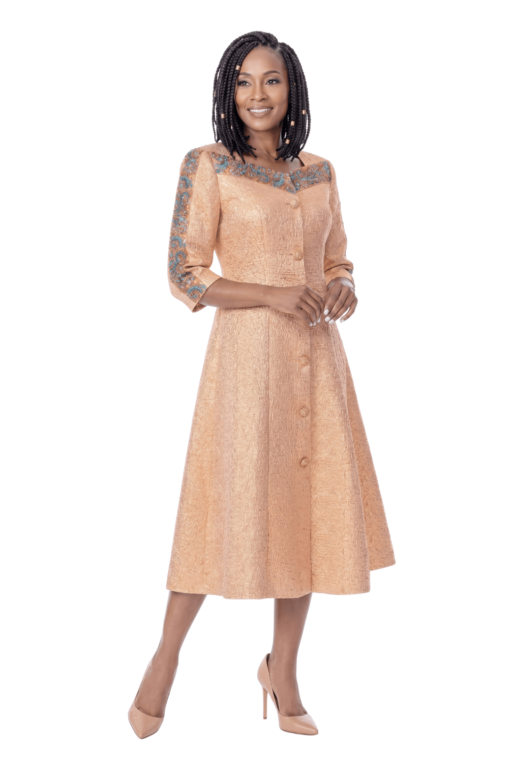 Champagne Embellished Midi Church Dress by Terramina - Especially Yours