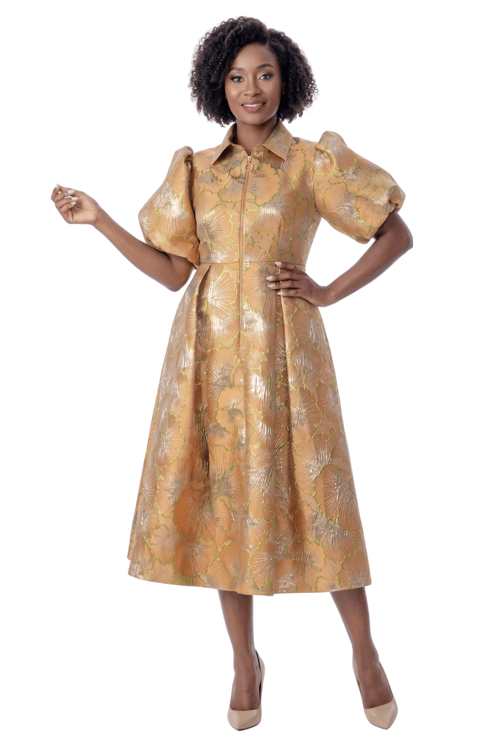 Metallic Floral Puff Sleeve Midi Dress by Terramina - Especially Yours