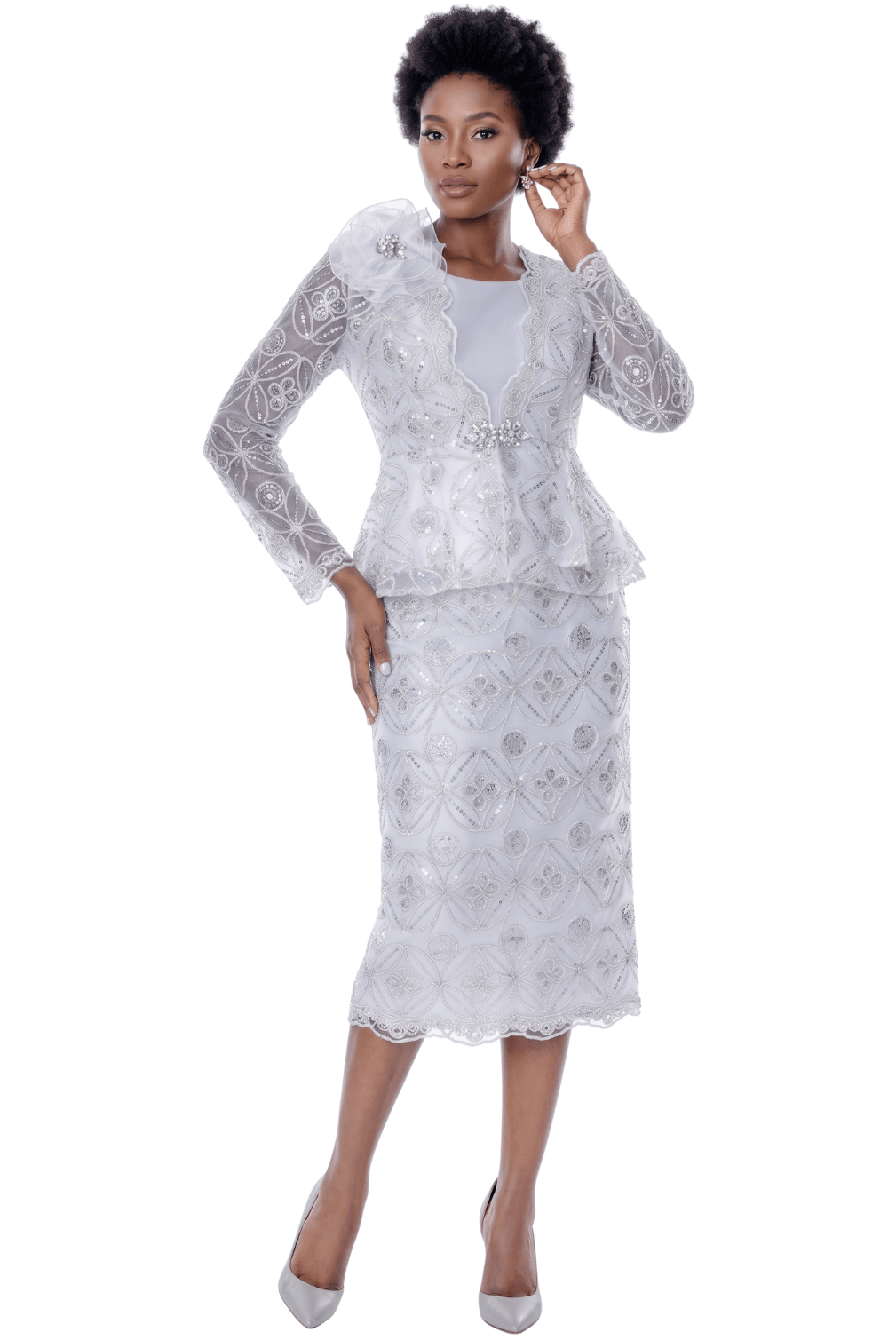 Embroidered Lace Peplum Skirt Suit by Terramina - Especially Yours