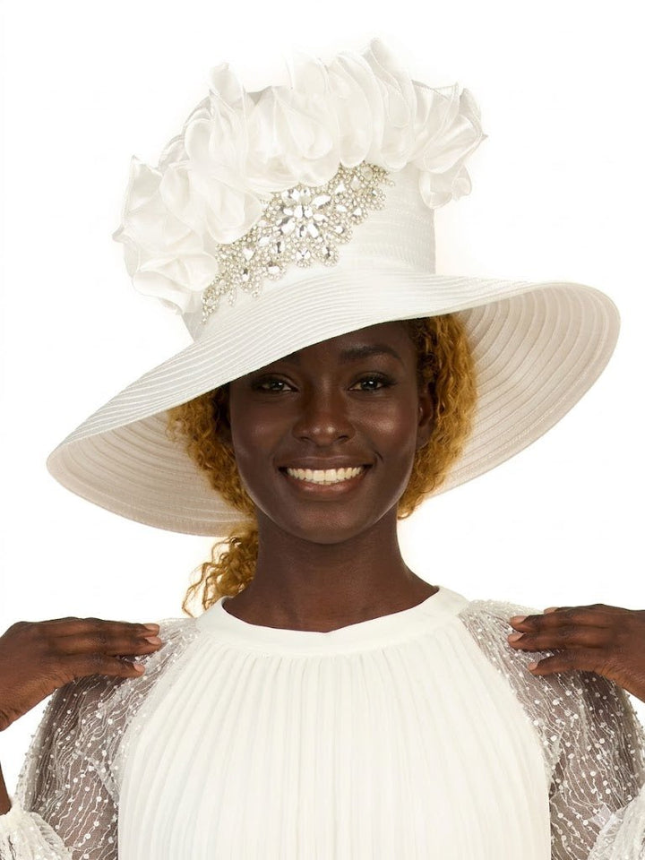 Ruffle Crown Wide Brim Hat w/ Beaded Sparkle Trim - Especially Yours