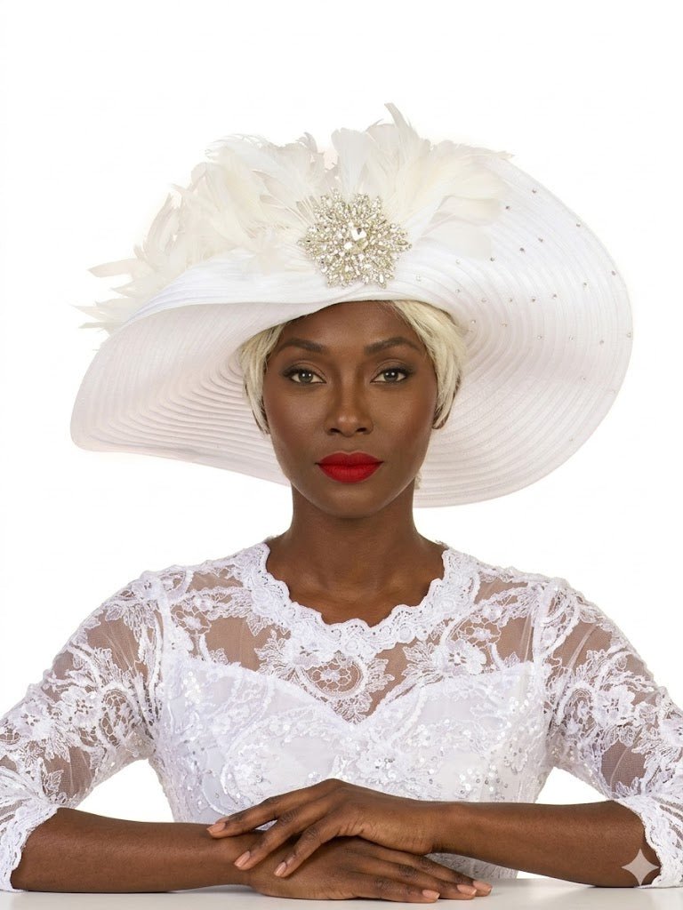 Wide Brim Embellished Hat w/ Feathers and Brooch - Especially Yours