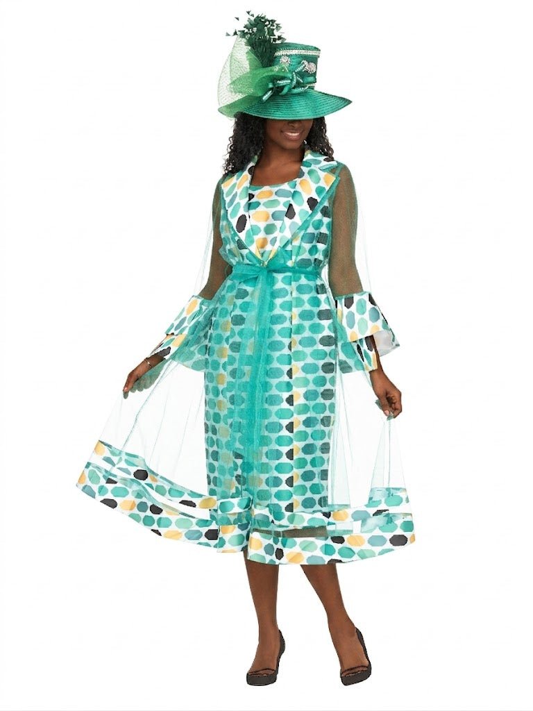 Dot Print 2pc Bell Sleeve Sheer Jkt Dress Set - Plus - Especially Yours