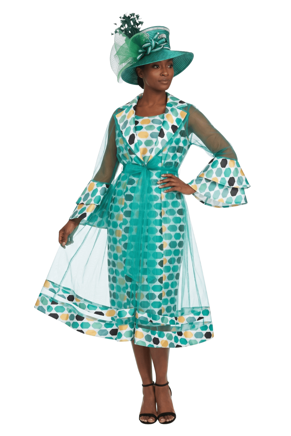 Dot Print 2pc Bell Sleeve Sheer Jkt Dress Set - Especially Yours