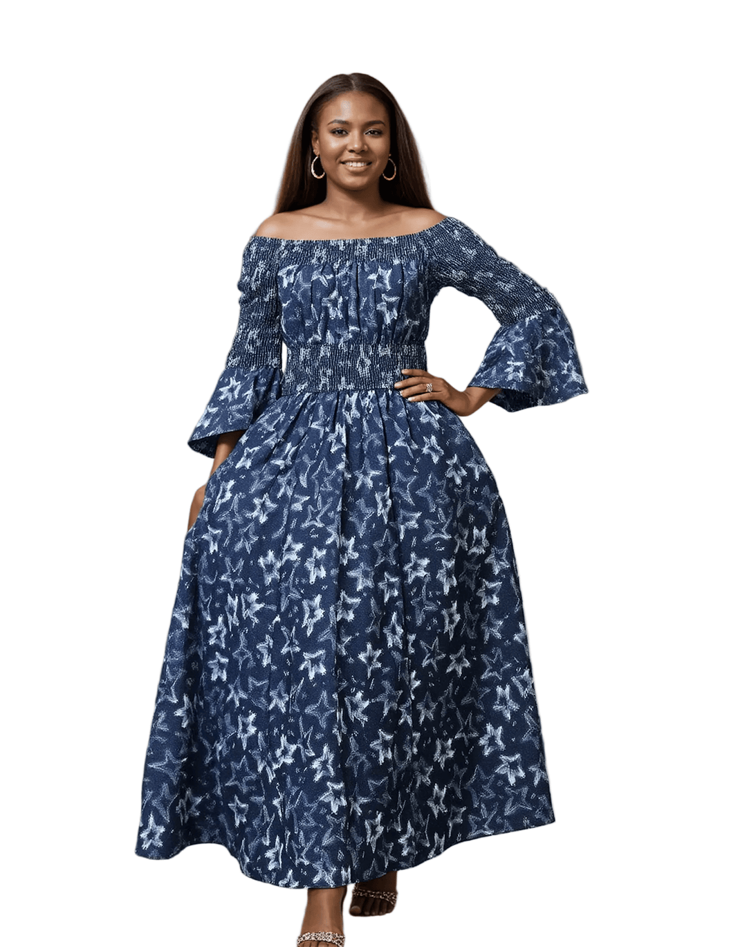 Designer Denim Off Shoulder Maxi Dress