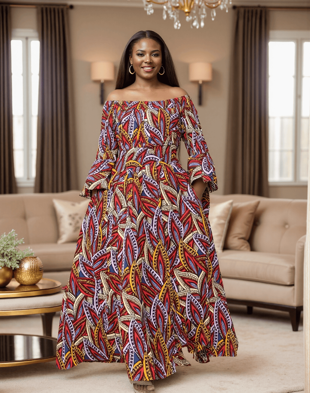 7556 - Electric - Off Shoulder Maxi Dress in Ankara Print - Especially Yours