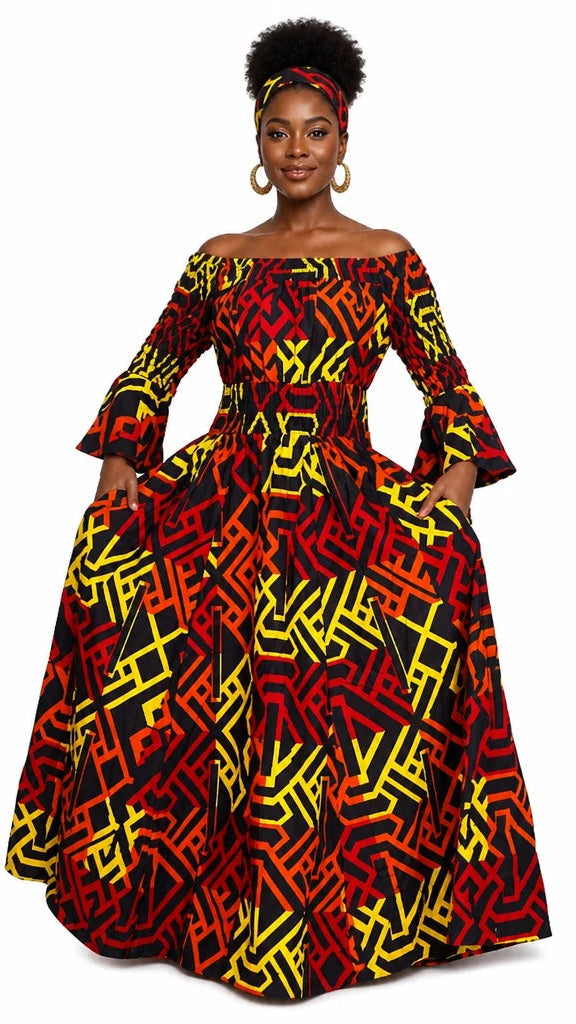 7556 Breathtaking Off Shoulder Maxi Dress in Ankara Print