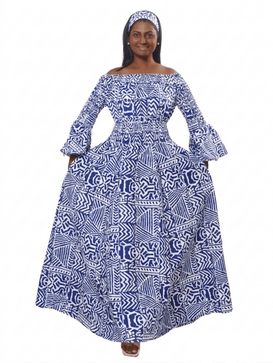 Geometric Off - Shoulder Bell - Sleeve Maxi Dress - Especially Yours